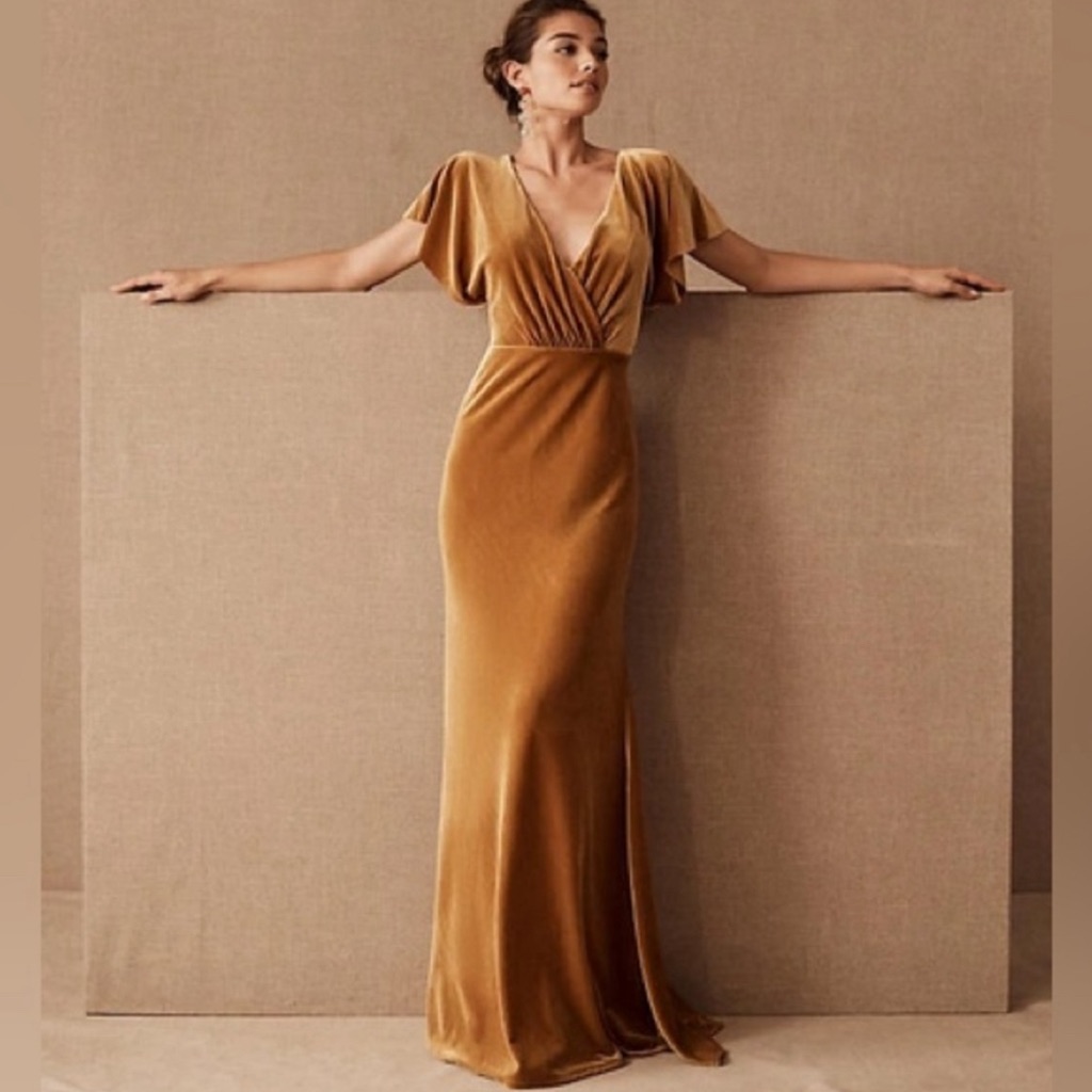 Jenny Yoo Anthropologie Ellis Flutter-Sleeve Open-Back Stretch Velvet Gown
